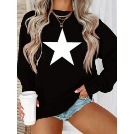 1pc Blusa Feminina Casual de Algodão com Estampa de Estrelas Geométricas - Tecido de Malha Levemente Elástico, Forro de Fleece, Manga Longa para Outono/Inverno