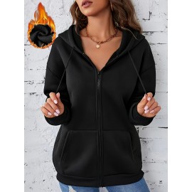 Moletom com capuz feminino, cor sólida, zíper completo, moletom esportivo de manga longa para mulheres