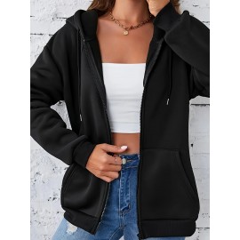 Moletom com capuz feminino, cor sólida, zíper completo, moletom esportivo de manga longa para mulheres
