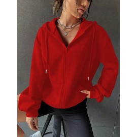 Casaco com capuz e zíper forrado de lã para mulher - Camisola casual de manga comprida espessa com bolso canguru, vermelho vibrante, moda outono/inverno, casaco casual | Estilo casual moderno | Roupas casuais duráveis