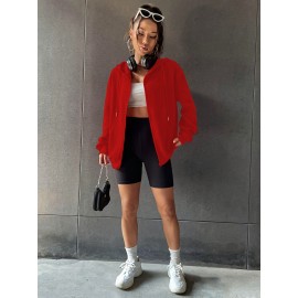 Casaco com capuz e zíper forrado de lã para mulher - Camisola casual de manga comprida espessa com bolso canguru, vermelho vibrante, moda outono/inverno, casaco casual | Estilo casual moderno | Roupas casuais duráveis