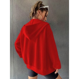 Casaco com capuz e zíper forrado de lã para mulher - Camisola casual de manga comprida espessa com bolso canguru, vermelho vibrante, moda outono/inverno, casaco casual | Estilo casual moderno | Roupas casuais duráveis