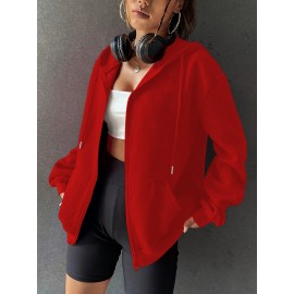 Casaco com capuz e zíper forrado de lã para mulher - Camisola casual de manga comprida espessa com bolso canguru, vermelho vibrante, moda outono/inverno, casaco casual | Estilo casual moderno | Roupas casuais duráveis