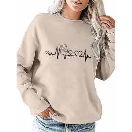 Moletom Casual Feminino com Estampa de Pickleball, Gola Redonda para Esportes