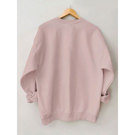 Moletom Casual Feminino de Gola Redonda Oversized - Estampa Geométrica Rosa Suave, Corte Relaxado, Lavável à Máquina, Conforto para Todas as Estações, Blusa Clássica para Senhoras, Tecido Respirável, Pulôver Elegante