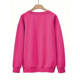 Moletom Casual Feminino de Gola Redonda Oversized - Estampa Geométrica Rosa Suave, Corte Relaxado, Lavável à Máquina, Conforto para Todas as Estações, Blusa Clássica para Senhoras, Tecido Respirável, Pulôver Elegante