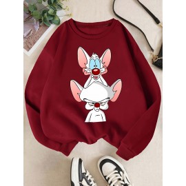 Moletom feminino Y2K elegante com gráfico de rato dos desenhos animados, Moletom com capuz de gola redonda, Top casual esportivo de manga comprida com gola redonda, Poliéster, Todas as estações, Tamanho adulto, Tecido de malha, Material elástico