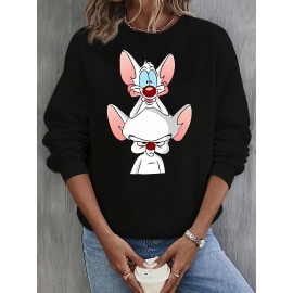 Moletom feminino Y2K elegante com gráfico de rato dos desenhos animados, Moletom com capuz de gola redonda, Top casual esportivo de manga comprida com gola redonda, Poliéster, Todas as estações, Tamanho adulto, Tecido de malha, Material elástico