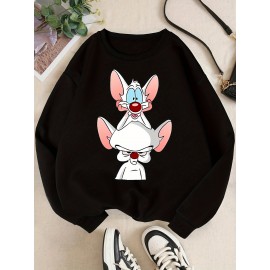 Moletom feminino Y2K elegante com gráfico de rato dos desenhos animados, Moletom com capuz de gola redonda, Top casual esportivo de manga comprida com gola redonda, Poliéster, Todas as estações, Tamanho adulto, Tecido de malha, Material elástico