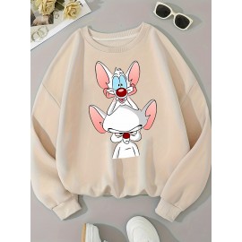 Moletom feminino Y2K elegante com gráfico de rato dos desenhos animados, Moletom com capuz de gola redonda, Top casual esportivo de manga comprida com gola redonda, Poliéster, Todas as estações, Tamanho adulto, Tecido de malha, Material elástico