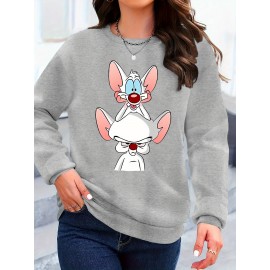 Moletom feminino Y2K elegante com gráfico de rato dos desenhos animados, Moletom com capuz de gola redonda, Top casual esportivo de manga comprida com gola redonda, Poliéster, Todas as estações, Tamanho adulto, Tecido de malha, Material elástico