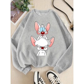 Moletom feminino Y2K elegante com gráfico de rato dos desenhos animados, Moletom com capuz de gola redonda, Top casual esportivo de manga comprida com gola redonda, Poliéster, Todas as estações, Tamanho adulto, Tecido de malha, Material elástico