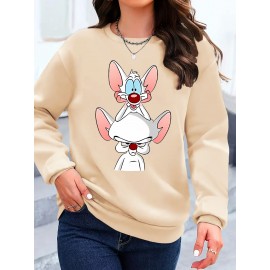 Moletom feminino Y2K elegante com gráfico de rato dos desenhos animados, Moletom com capuz de gola redonda, Top casual esportivo de manga comprida com gola redonda, Poliéster, Todas as estações, Tamanho adulto, Tecido de malha, Material elástico
