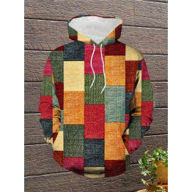 Moletom Casual com Capuz para Mulheres com Estampa Digital 3D, Patchwork, Cordão, 100% Poliéster, Tecido Levemente Elástico, Manga Longa - Coleção Primavera/Outono
