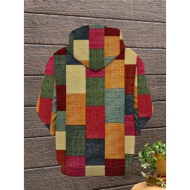Moletom Casual com Capuz para Mulheres com Estampa Digital 3D, Patchwork, Cordão, 100% Poliéster, Tecido Levemente Elástico, Manga Longa - Coleção Primavera/Outono