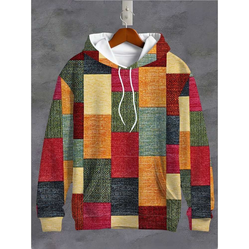 Moletom Casual com Capuz para Mulheres com Estampa Digital 3D, Patchwork, Cordão, 100% Poliéster, Tecido Levemente Elástico, Manga Longa - Coleção Primavera/Outono