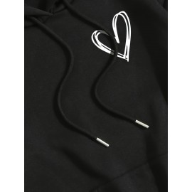 Moletom Feminino Preto com Forro de Fleece e Estampa de Coração, Mangas Compridas & Cordão - Pulôver de Poliéster Aconchegante com Bolso Frontal, Roupa Íntima Confortável|Estilo Esportivo|Tecido de Textura Lisa