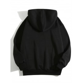 Moletom Feminino Preto com Forro de Fleece e Estampa de Coração, Mangas Compridas & Cordão - Pulôver de Poliéster Aconchegante com Bolso Frontal, Roupa Íntima Confortável|Estilo Esportivo|Tecido de Textura Lisa