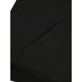 Moletom Feminino Preto com Forro de Fleece e Estampa de Coração, Mangas Compridas & Cordão - Pulôver de Poliéster Aconchegante com Bolso Frontal, Roupa Íntima Confortável|Estilo Esportivo|Tecido de Textura Lisa