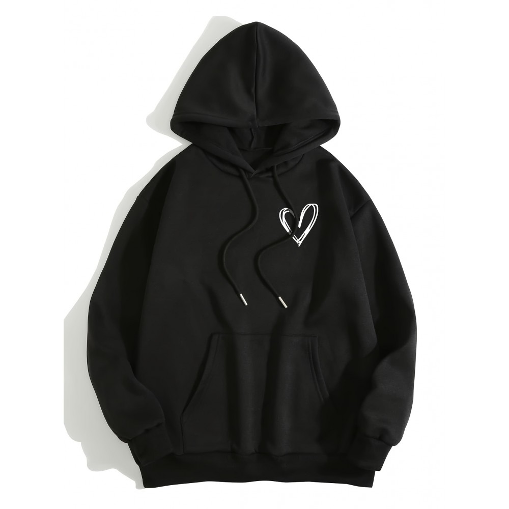 Moletom Feminino Preto com Forro de Fleece e Estampa de Coração, Mangas Compridas & Cordão - Pulôver de Poliéster Aconchegante com Bolso Frontal, Roupa Íntima Confortável|Estilo Esportivo|Tecido de Textura Lisa