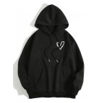 Moletom Feminino Preto com Forro de Fleece e Estampa de Coração, Mangas Compridas & Cordão - Pulôver de Poliéster Aconchegante com Bolso Frontal, Roupa Íntima Confortável|Estilo Esportivo|Tecido de Textura Lisa