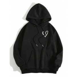 Moletom Feminino Preto com Forro de Fleece e Estampa de Coração, Mangas Compridas & Cordão - Pulôver de Poliéster Aconchegante com Bolso Frontal, Roupa Íntima Confortável|Estilo Esportivo|Tecido de Textura Lisa
