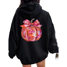 Abóbora de disco com laço, folhas de outono, rosa, Halloween, mulheres, moletom de grandes dimensões, estampa nas costas.