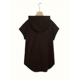 Moletom Casual Preto Feminino com Capuz e Estampa de Coração Branco - Mangas Morcego, Cordão Ajustável no Capuz, Top Leve e Elástico para o Verão, Lavável à Máquina