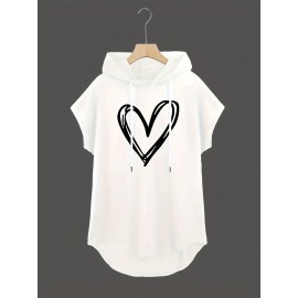 Moletom Casual Preto Feminino com Capuz e Estampa de Coração Branco - Mangas Morcego, Cordão Ajustável no Capuz, Top Leve e Elástico para o Verão, Lavável à Máquina