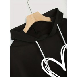 Moletom Casual Preto Feminino com Capuz e Estampa de Coração Branco - Mangas Morcego, Cordão Ajustável no Capuz, Top Leve e Elástico para o Verão, Lavável à Máquina