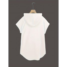 Moletom Casual Preto Feminino com Capuz e Estampa de Coração Branco - Mangas Morcego, Cordão Ajustável no Capuz, Top Leve e Elástico para o Verão, Lavável à Máquina