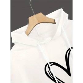 Moletom Casual Preto Feminino com Capuz e Estampa de Coração Branco - Mangas Morcego, Cordão Ajustável no Capuz, Top Leve e Elástico para o Verão, Lavável à Máquina