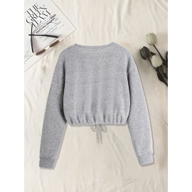 Blusa de moletom casual de manga longa para mulheres com estampa de letras - Poliéster, gola redonda, corte ajustado, primavera/outono, lavável à máquina