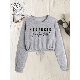 Blusa de moletom casual de manga longa para mulheres com estampa de letras - Poliéster, gola redonda, corte ajustado, primavera/outono, lavável à máquina