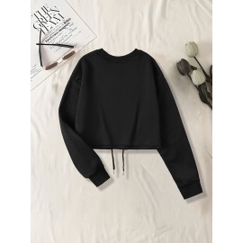 Blusa de moletom casual de manga longa para mulheres com estampa de letras - Poliéster, gola redonda, corte ajustado, primavera/outono, lavável à máquina