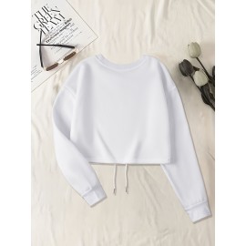 Blusa de moletom casual de manga longa para mulheres com estampa de letras - Poliéster, gola redonda, corte ajustado, primavera/outono, lavável à máquina