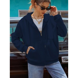 Capuz com zíper azul marinho para mulher com bolsa canguru - Camisola casual de manga comprida com forro de lã, confortável e casual, para desporto casual|Capuz com zíper|Capuz com forro de lã