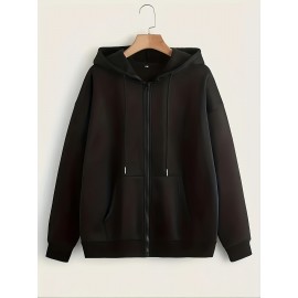 Moletom com Capuz Térmico para Mulheres - Moletom de Fleece Macio e Elástico com Manga Longa e Bolso Frontal, Pulôver Casual de Cor Sólida para Passeios na Primavera & Outono, Conforto Diário