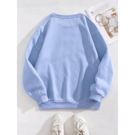 Moletom Feminino Azul Claro com Estampa de Pato e Interrogativo - Forro Polar, Gola Redonda, Manga Longa, Confortável para Outono/Inverno, Design Divertido, Tecido Macio, Aconchegante e Casual