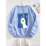 Moletom Feminino Azul Claro com Estampa de Pato e Interrogativo - Forro Polar, Gola Redonda, Manga Longa, Confortável para Outono/Inverno, Design Divertido, Tecido Macio, Aconchegante e Casual
