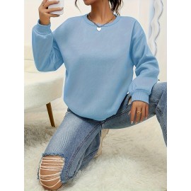 Camiseta de malha feminina de corte redondo e cor sólida para outono e inverno, com mangas longas e estilo casual.