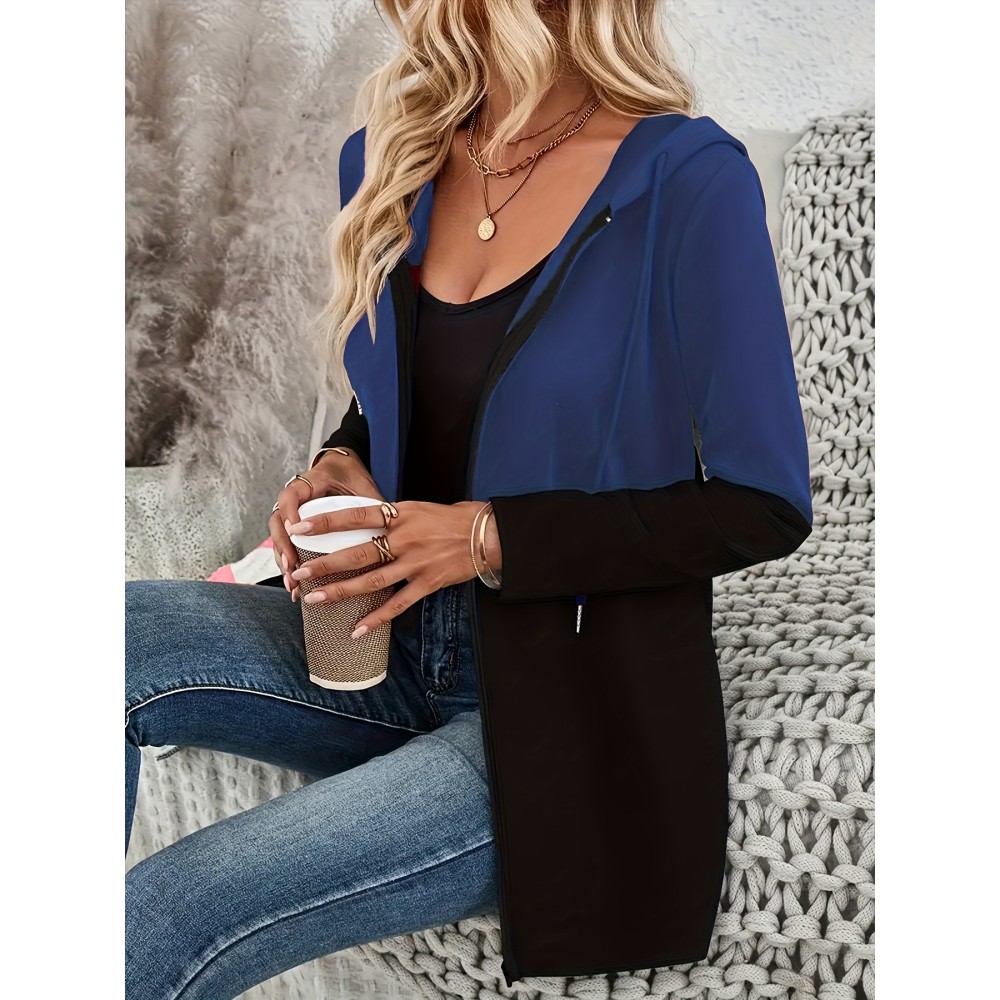 Mujeres Color Block Hoodie con Cremallera y Cuerda - Casual Pullover de Manga Larga, Estilo Deportivo, Ropa para Todas las Estaciones, Ropa Deportiva Casual | Color Block Hoodie | Hoodie con Cremallera
