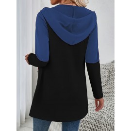 Mujeres Color Block Hoodie con Cremallera y Cuerda - Casual Pullover de Manga Larga, Estilo Deportivo, Ropa para Todas las Estaciones, Ropa Deportiva Casual | Color Block Hoodie | Hoodie con Cremallera