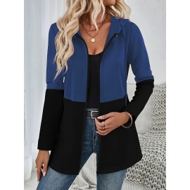 Mujeres Color Block Hoodie con Cremallera y Cuerda - Casual Pullover de Manga Larga, Estilo Deportivo, Ropa para Todas las Estaciones, Ropa Deportiva Casual | Color Block Hoodie | Hoodie con Cremallera