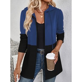 Mujeres Color Block Hoodie con Cremallera y Cuerda - Casual Pullover de Manga Larga, Estilo Deportivo, Ropa para Todas las Estaciones, Ropa Deportiva Casual | Color Block Hoodie | Hoodie con Cremallera