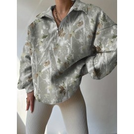 1 Peça Moletom Casual Tie-Dye Feminino - Manga Longa com Gola, Lavável na Máquina, Top de Outono/Inverno, Design Meio Zíper, Confortável e Durável, Roupa Aconchegante, Estilo Solto, Blusa Feminina