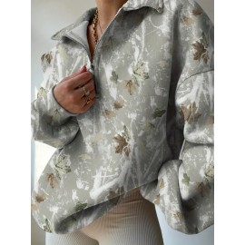 1 Peça Moletom Casual Tie-Dye Feminino - Manga Longa com Gola, Lavável na Máquina, Top de Outono/Inverno, Design Meio Zíper, Confortável e Durável, Roupa Aconchegante, Estilo Solto, Blusa Feminina