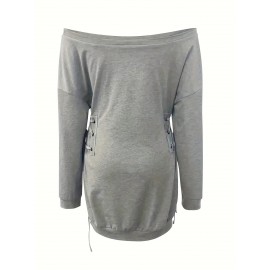 Sweatshirt casual de manga comprida com cordão e design de ombro descoberto