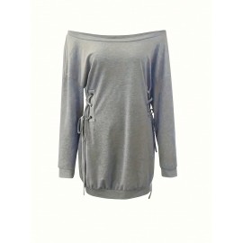 Sweatshirt casual de manga comprida com cordão e design de ombro descoberto