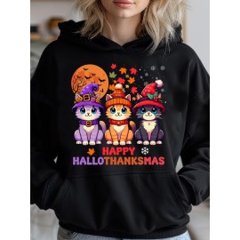 Mujeres Cozy -Blenda Hoodie com estampado de gato fofo - Pulôver casual de manga comprida para outono e inverno, lavável à máquina, 250g